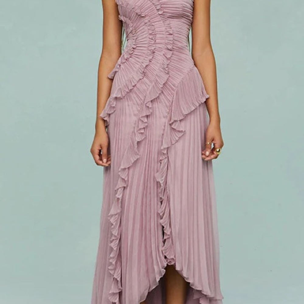 Margovil Strappy Halter Neck Ruffle Trim Asymmetric Hem Pleated Maxi Dress